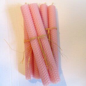 1 pair, Bees Wax candles, Pink, Honeycomb pattern, Hand Rolled, 8"